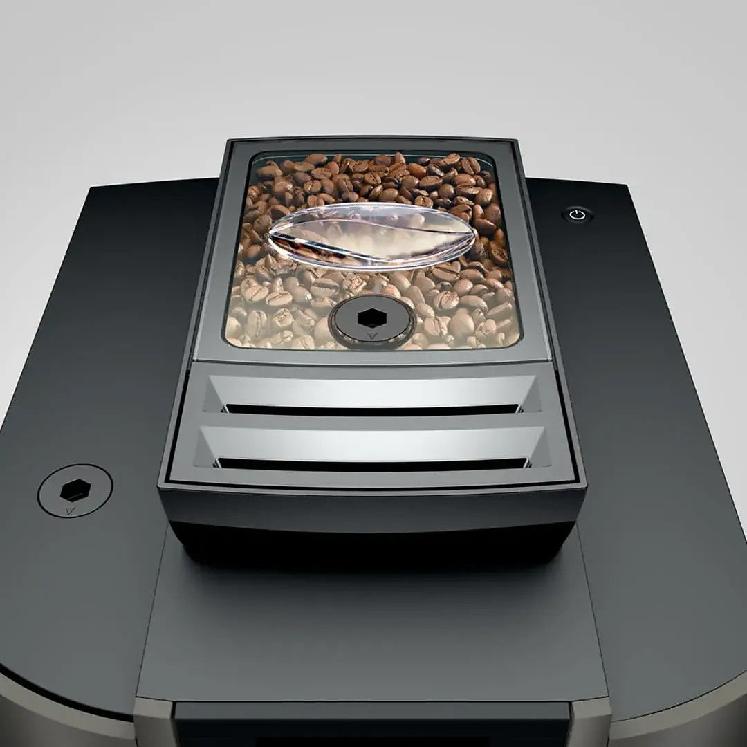 Jura W8 view from top showing roasted coffee beans 