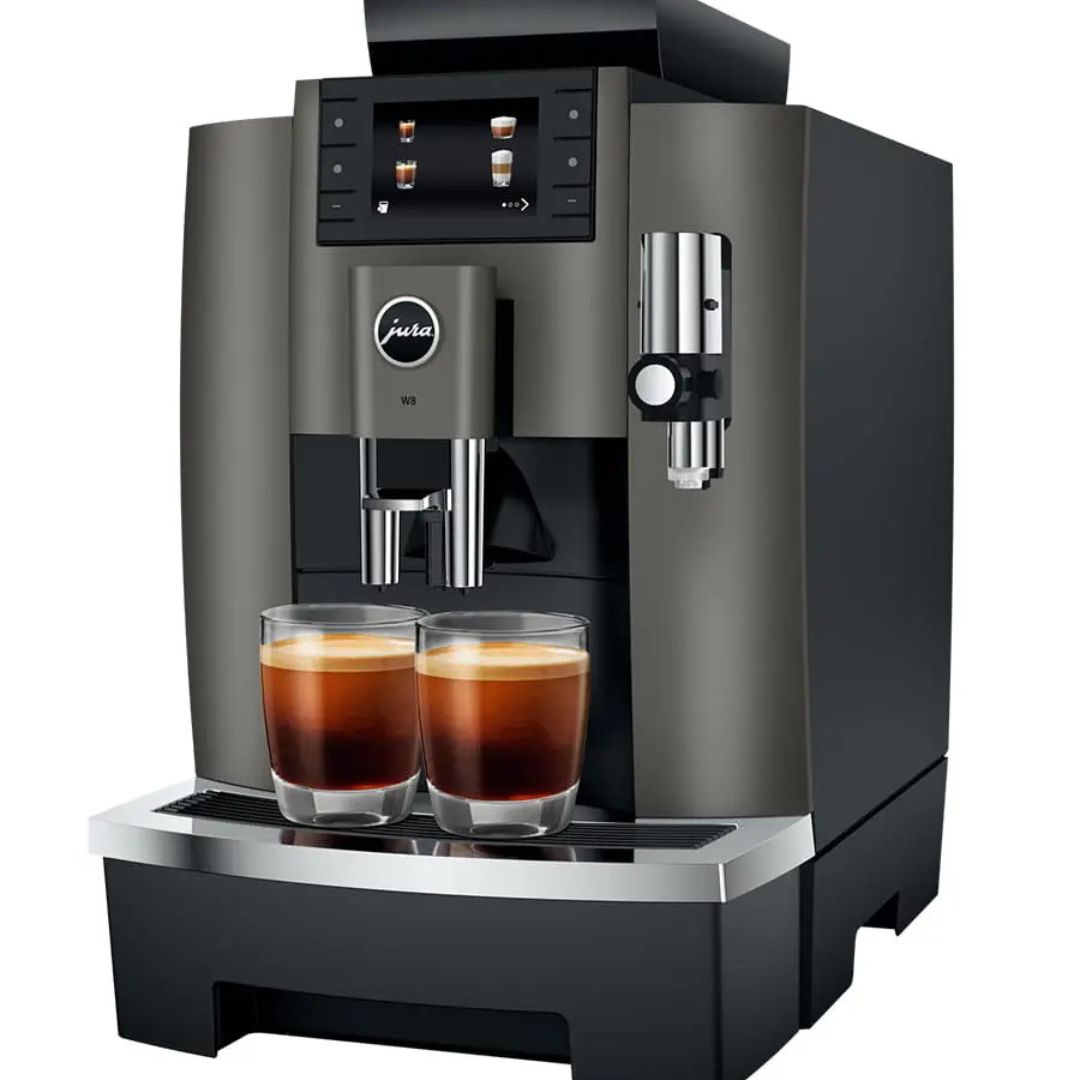Jura W8 dispensing black coffee from side view